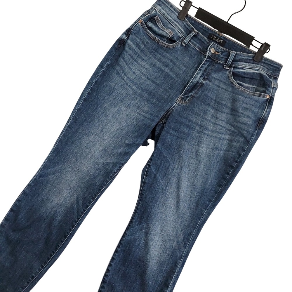 Judy Blue Boyfriend Fit Jeans Women 14W Blue Dark Wash High Rise Distressed Hem